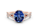Rose gold Oval Cut Blue Sapphire  Halo Twist Band Solitaire Prong Setting Ring_24