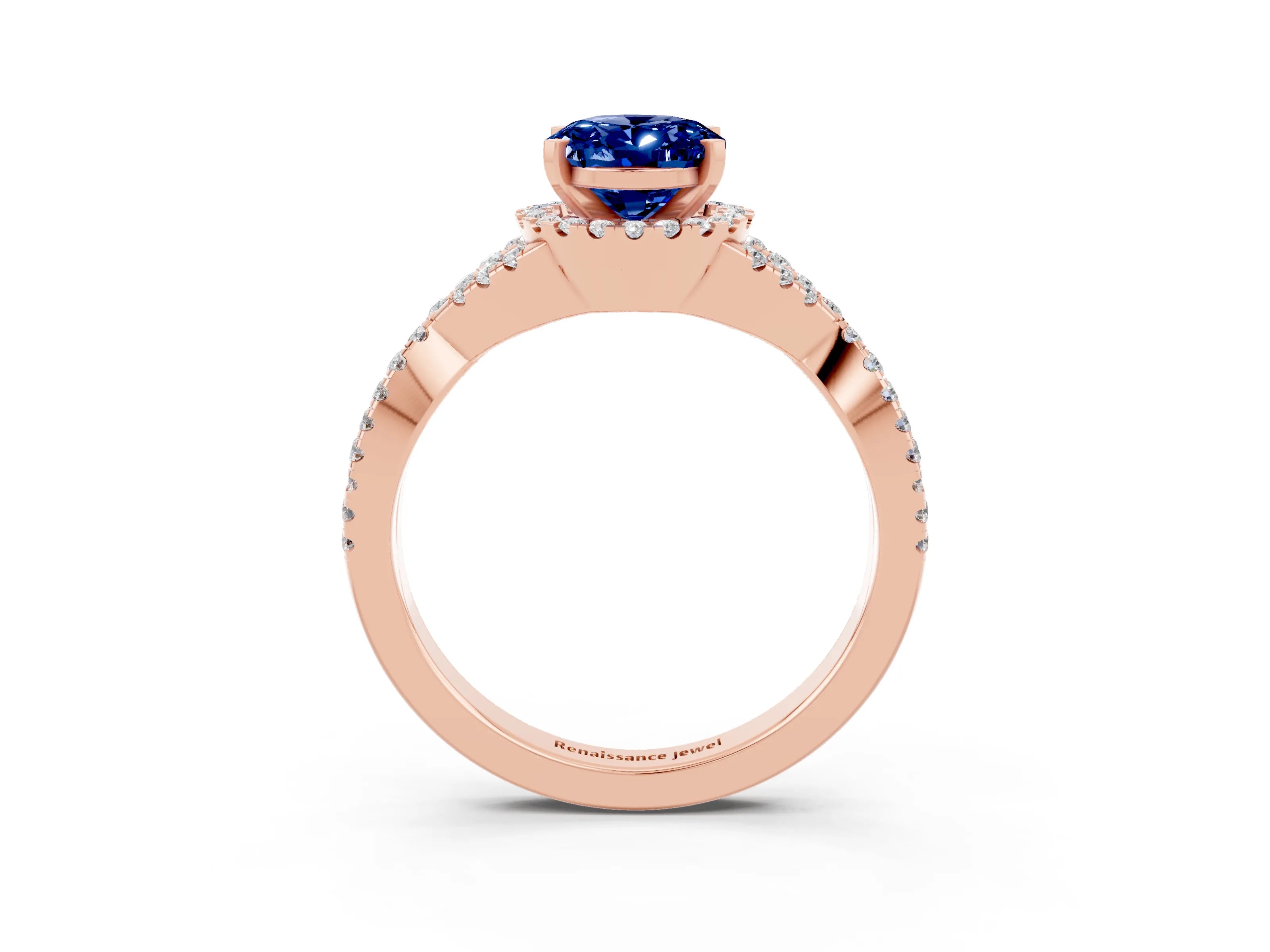 Rose gold Oval Cut Blue Sapphire Halo Twist Band Solitaire Prong Setting Ring_3