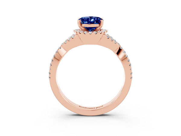 Rose gold Oval Cut Blue Sapphire  Halo Twist Band Solitaire Prong Setting Ring
