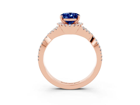 Rose gold Oval Cut Blue Sapphire Halo Twist Band Solitaire Prong Setting Ring_3