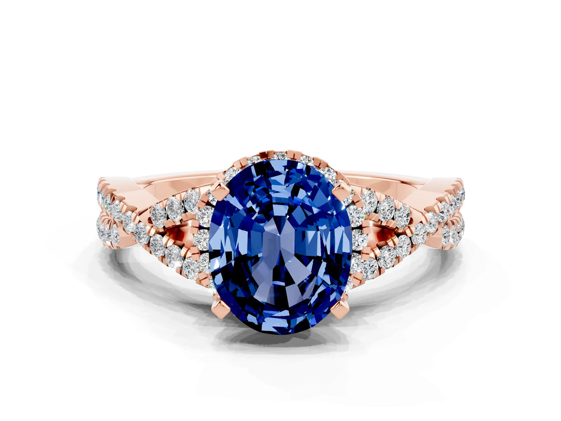 Rose gold Oval Cut Blue Sapphire  Halo Twist Band Solitaire Prong Setting Ring_42