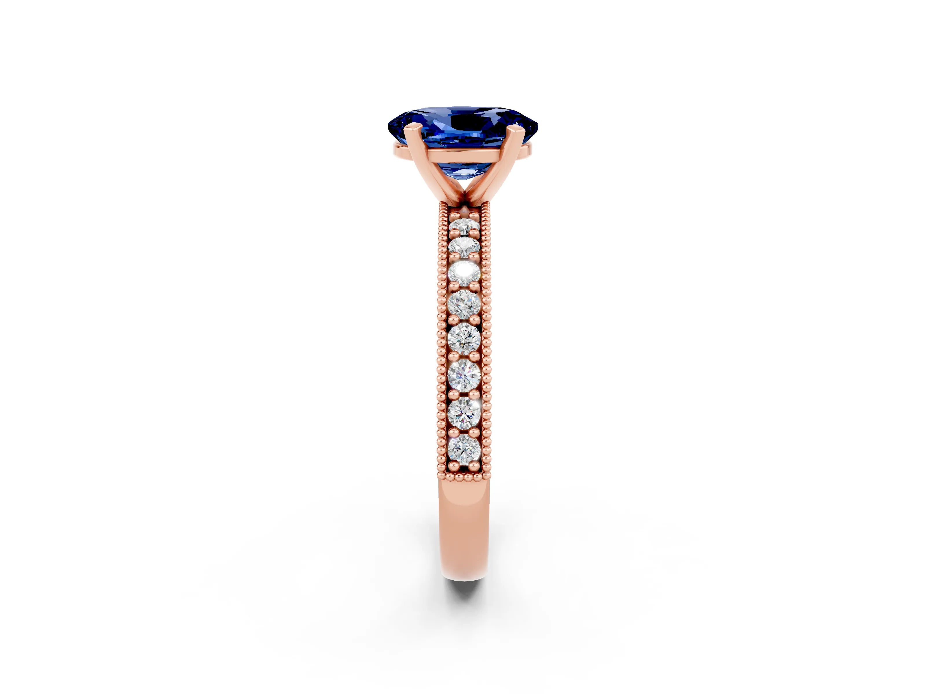 Rose gold Oval Cut Blue Sapphire Milgrain Pavé Engagement Ring with Four-Prong Setting_14