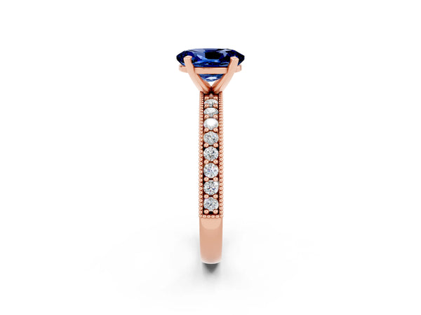 Rose gold Oval Cut Blue Sapphire Milgrain Pavé Engagement Ring with Four-Prong Setting