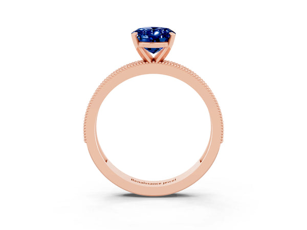 Rose gold Oval Cut Blue Sapphire Milgrain Pavé Engagement Ring with Four-Prong Setting