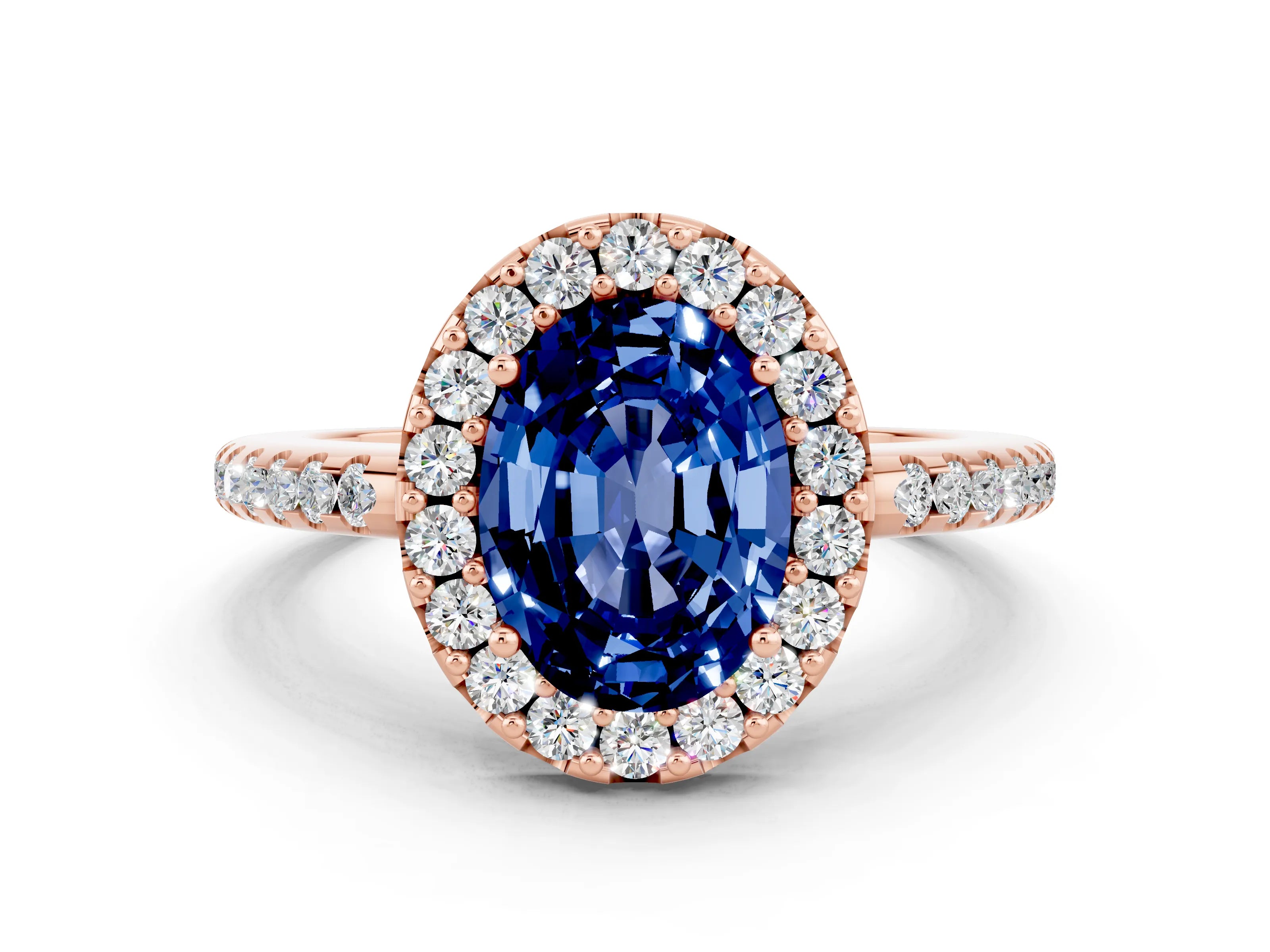 Rose gold Oval Cut Blue Sapphire Pavé Halo Ring with Four-Prong Setting_12