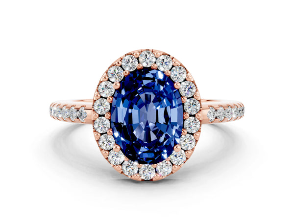 Rose gold Oval Cut Blue Sapphire Pavé Halo Ring with Four-Prong Setting