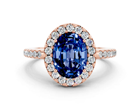Rose gold Oval Cut Blue Sapphire Pavé Halo Ring with Four-Prong Setting_12
