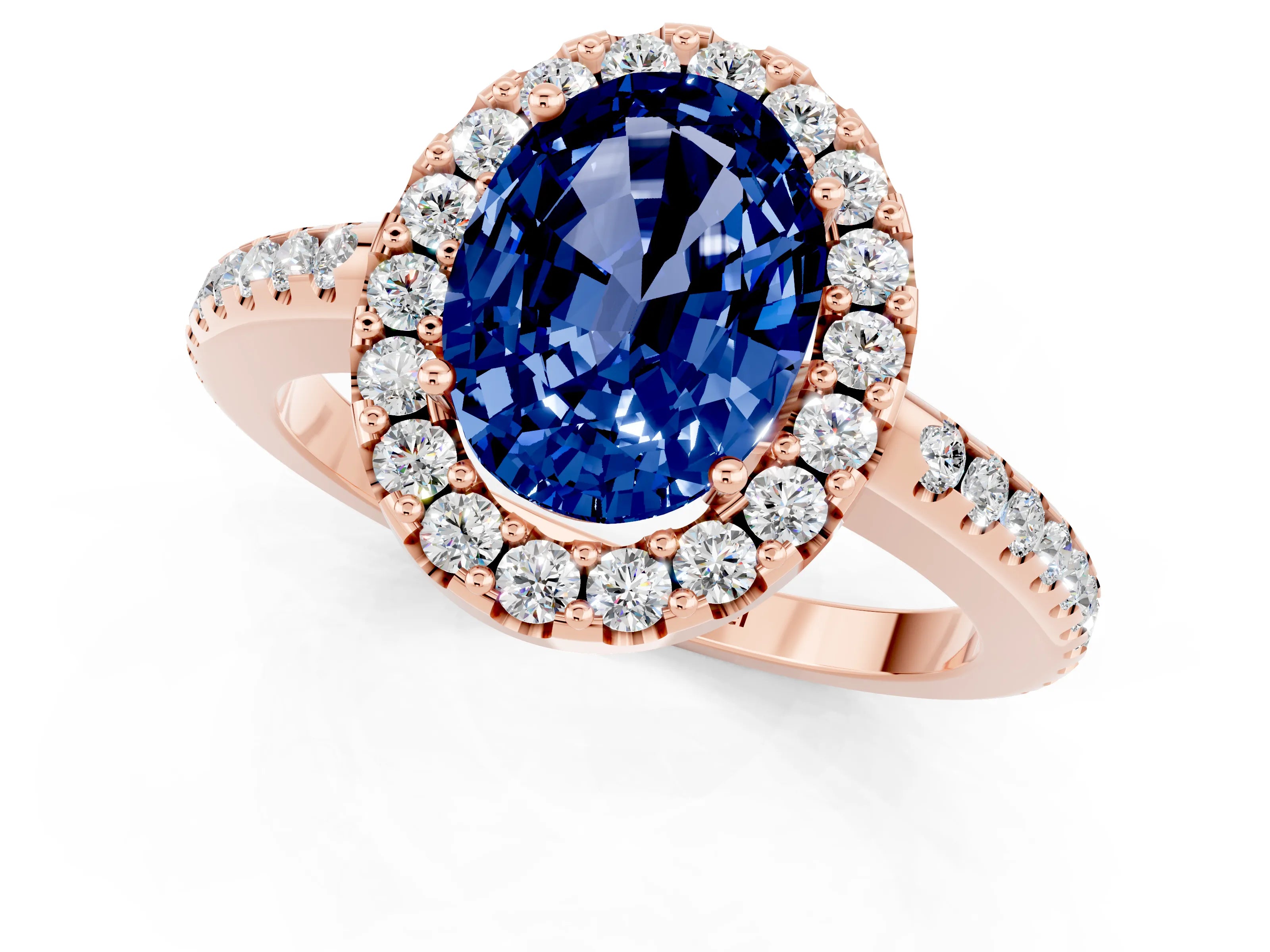 Rose gold Oval Cut Blue Sapphire Pavé Halo Ring with Four-Prong Setting_13
