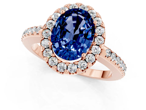 Rose gold Oval Cut Blue Sapphire Pavé Halo Ring with Four-Prong Setting_13