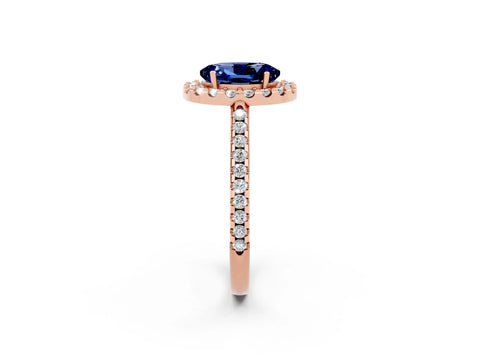 Rose gold Oval Cut Blue Sapphire Pavé Halo Ring with Four-Prong Setting_14