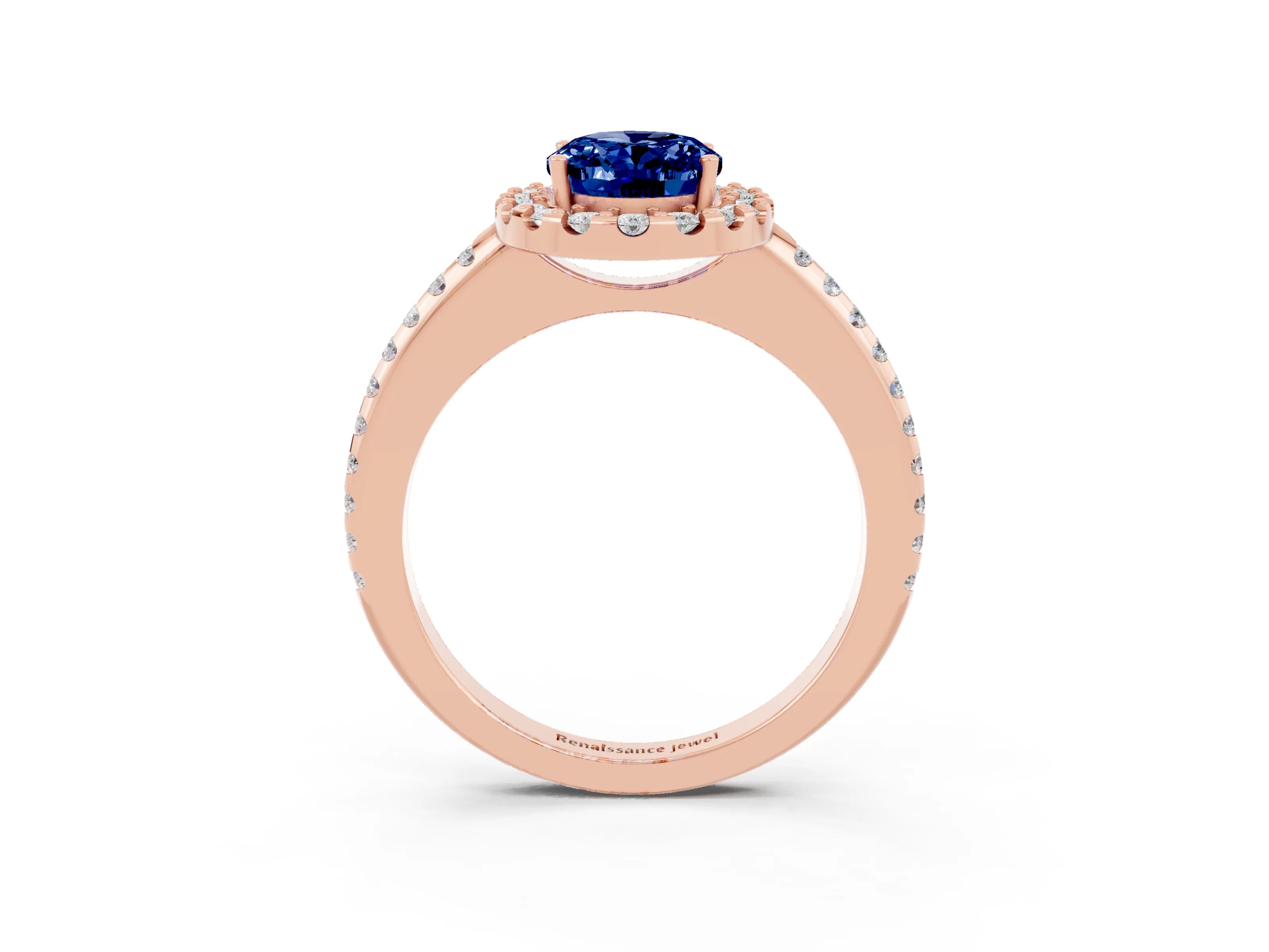 Rose gold Oval Cut Blue Sapphire Pavé Halo Ring with Four-Prong Setting_15
