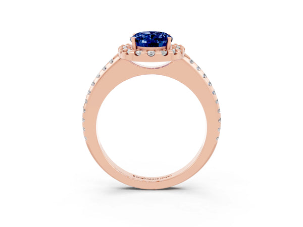 Rose gold Oval Cut Blue Sapphire Pavé Halo Ring with Four-Prong Setting