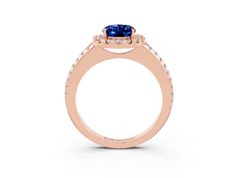 Rose gold Oval Cut Blue Sapphire Pavé Halo Ring with Four-Prong Setting_15