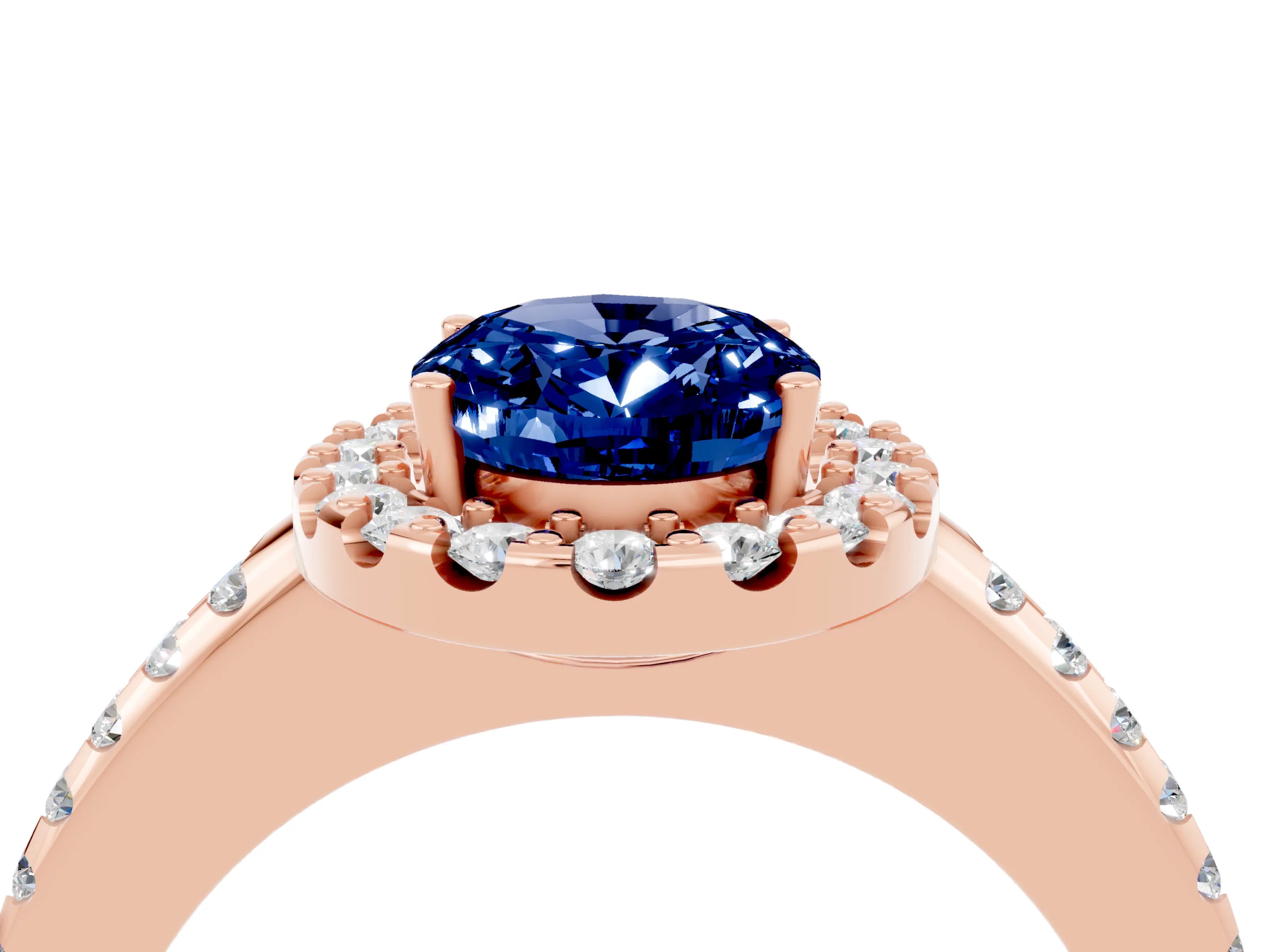 Rose gold Oval Cut Blue Sapphire Pavé Halo Ring with Four-Prong Setting_16