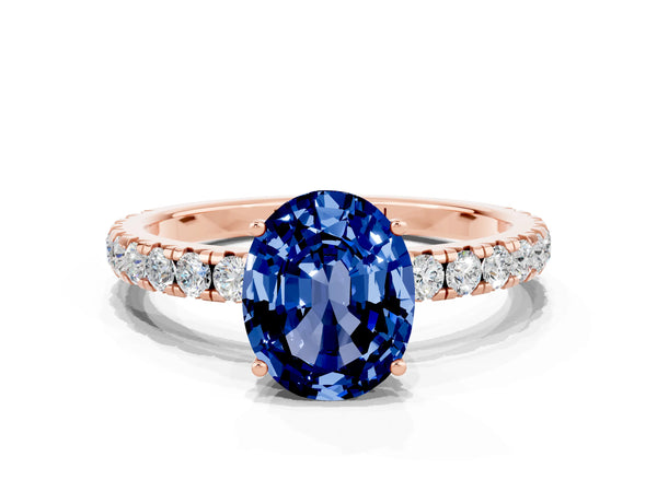 Rose gold Oval Cut Blue Sapphire Pavé Solitaire Engagement Ring with Four-Prong Setting