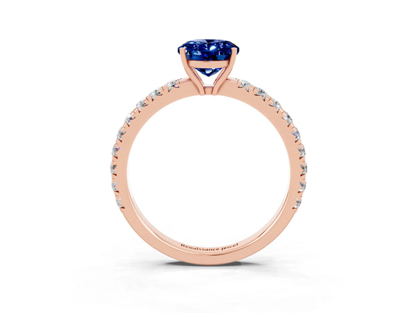 Rose gold Oval Cut Blue Sapphire Pavé Solitaire Engagement Ring with Four-Prong Setting