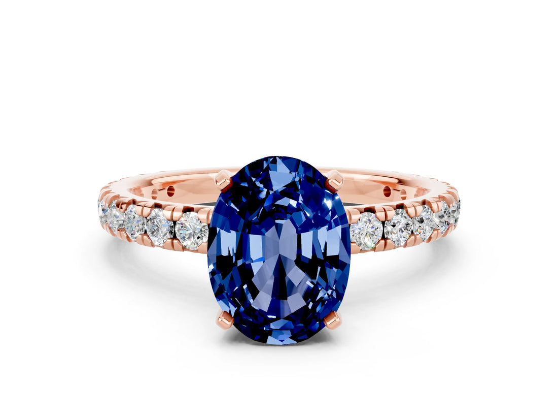 Rose gold Oval Cut Blue Sapphire Pavé Solitaire Ring with Round Band and Prong Setting_24