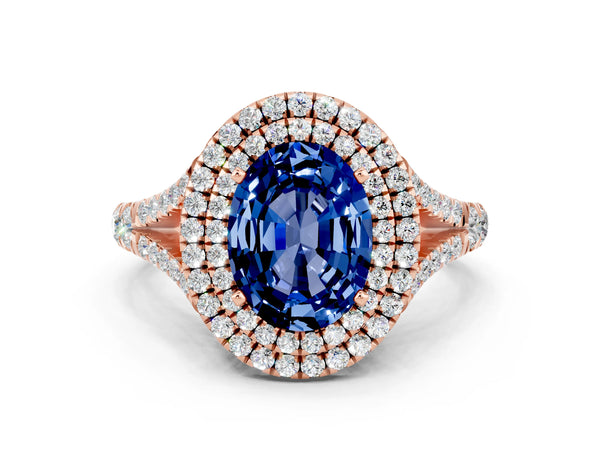 Rose gold Oval Cut Blue Sapphire Pavé Split Shank Double Halo Engagement Ring