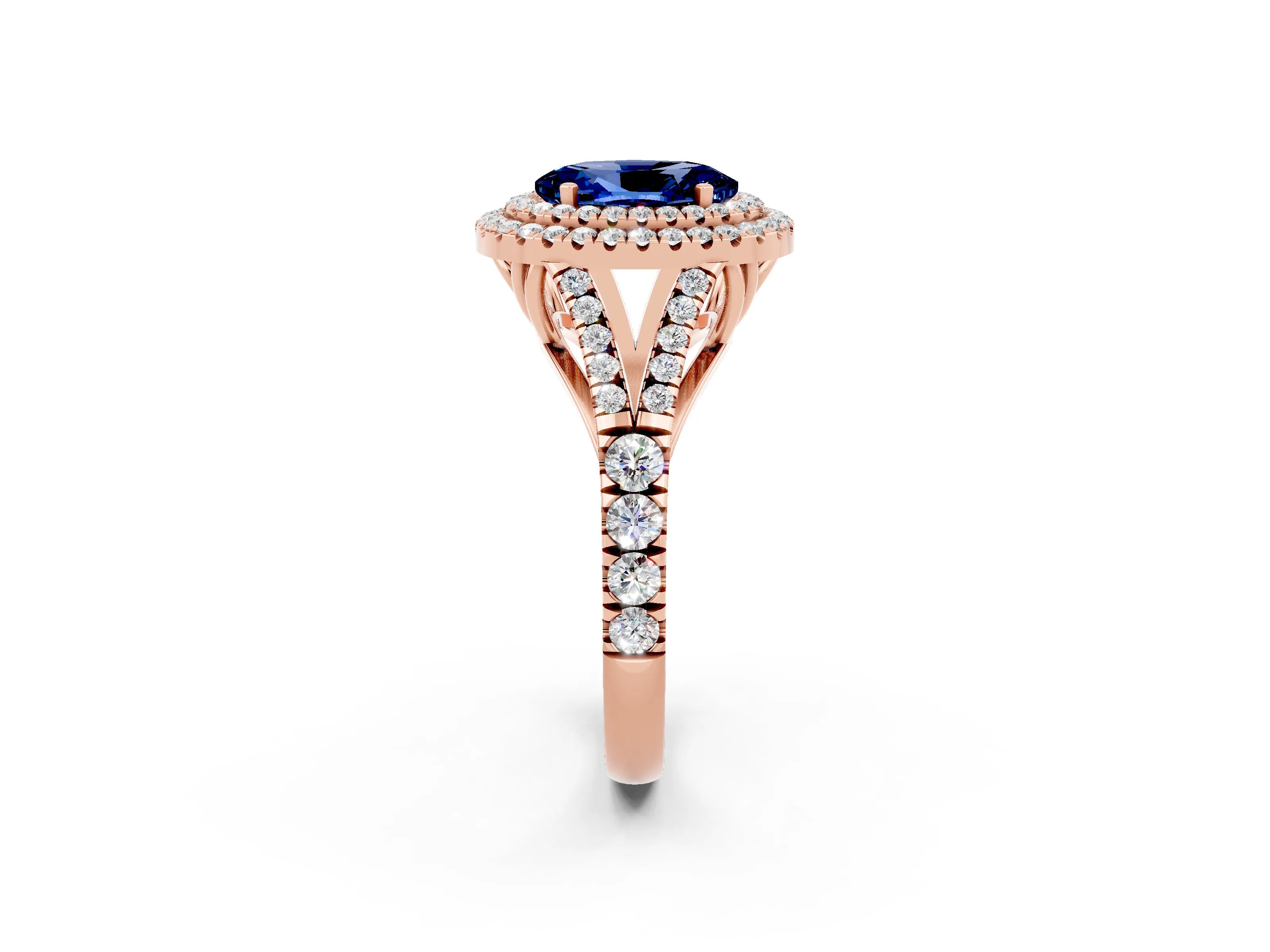Rose gold Oval Cut Blue Sapphire Pavé Split Shank Double Halo Engagement Ring_2