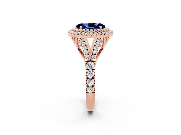 Rose gold Oval Cut Blue Sapphire Pavé Split Shank Double Halo Engagement Ring