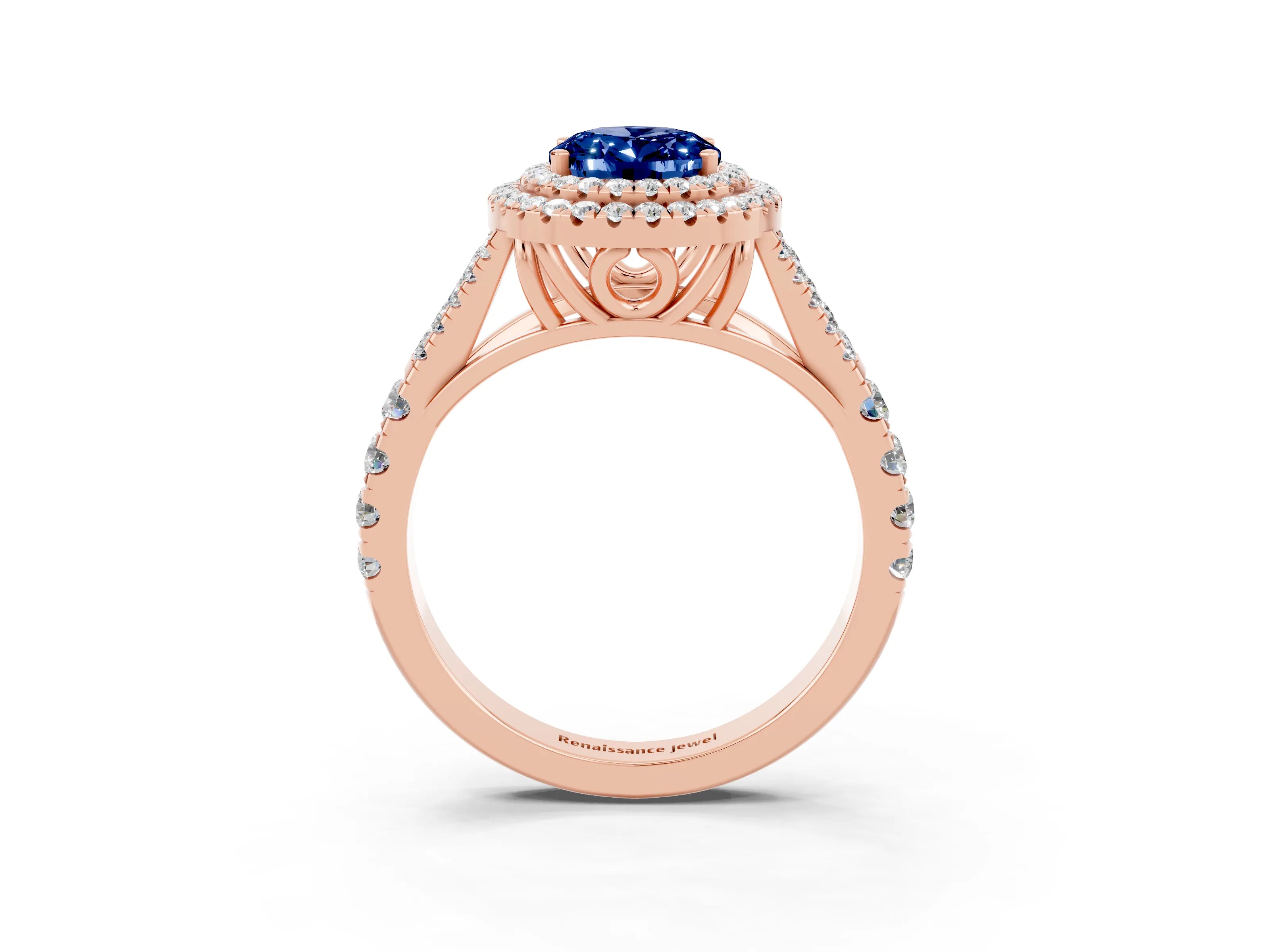Rose gold Oval Cut Blue Sapphire Pavé Split Shank Double Halo Engagement Ring_3