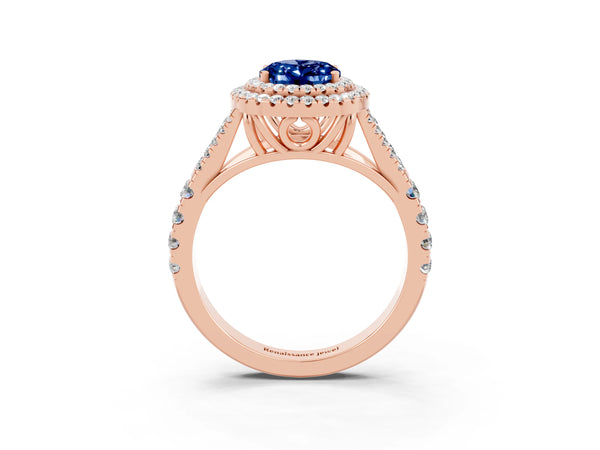 Rose gold Oval Cut Blue Sapphire Pavé Split Shank Double Halo Engagement Ring