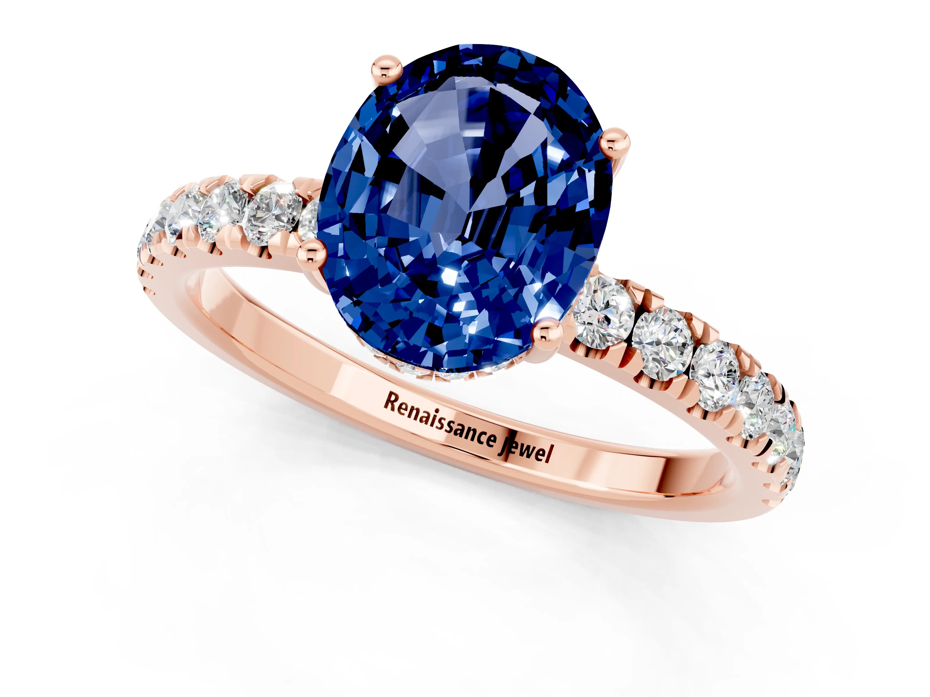 Rose gold Oval Cut Blue Sapphire Pave Band Solitaire Ring with Four-Prong Setting_25