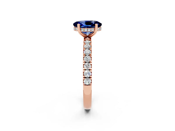 Rose gold Oval Cut Blue Sapphire Pave Band Solitaire Ring with Round  and Prong Setting