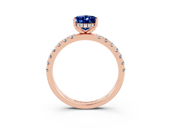 Rose gold Oval Cut Blue Sapphire Pave Band Solitaire Ring with Round  and Prong Setting