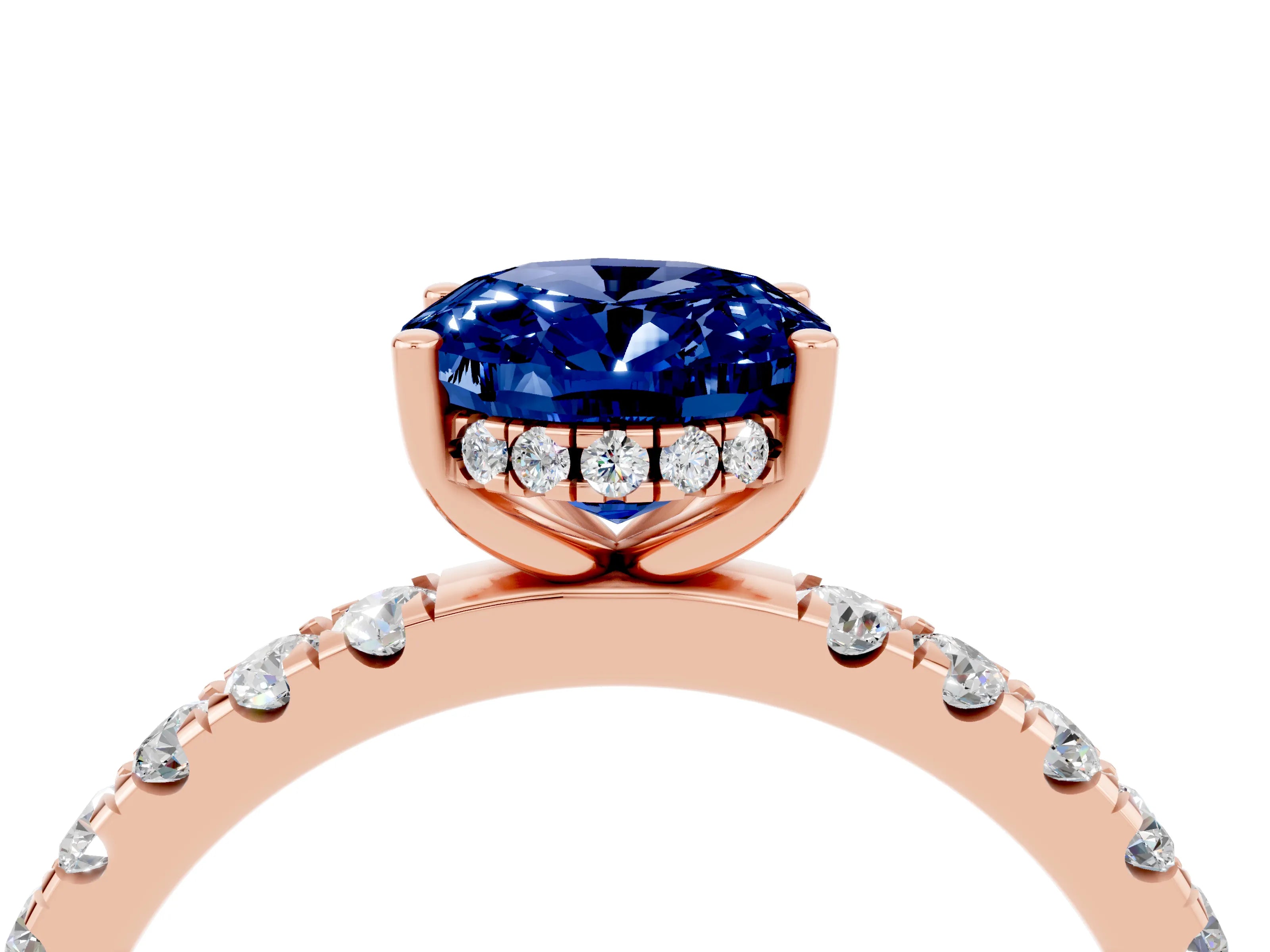 Rose gold Oval Cut Blue Sapphire Pave Band Solitaire Ring with Four-Prong Setting_28
