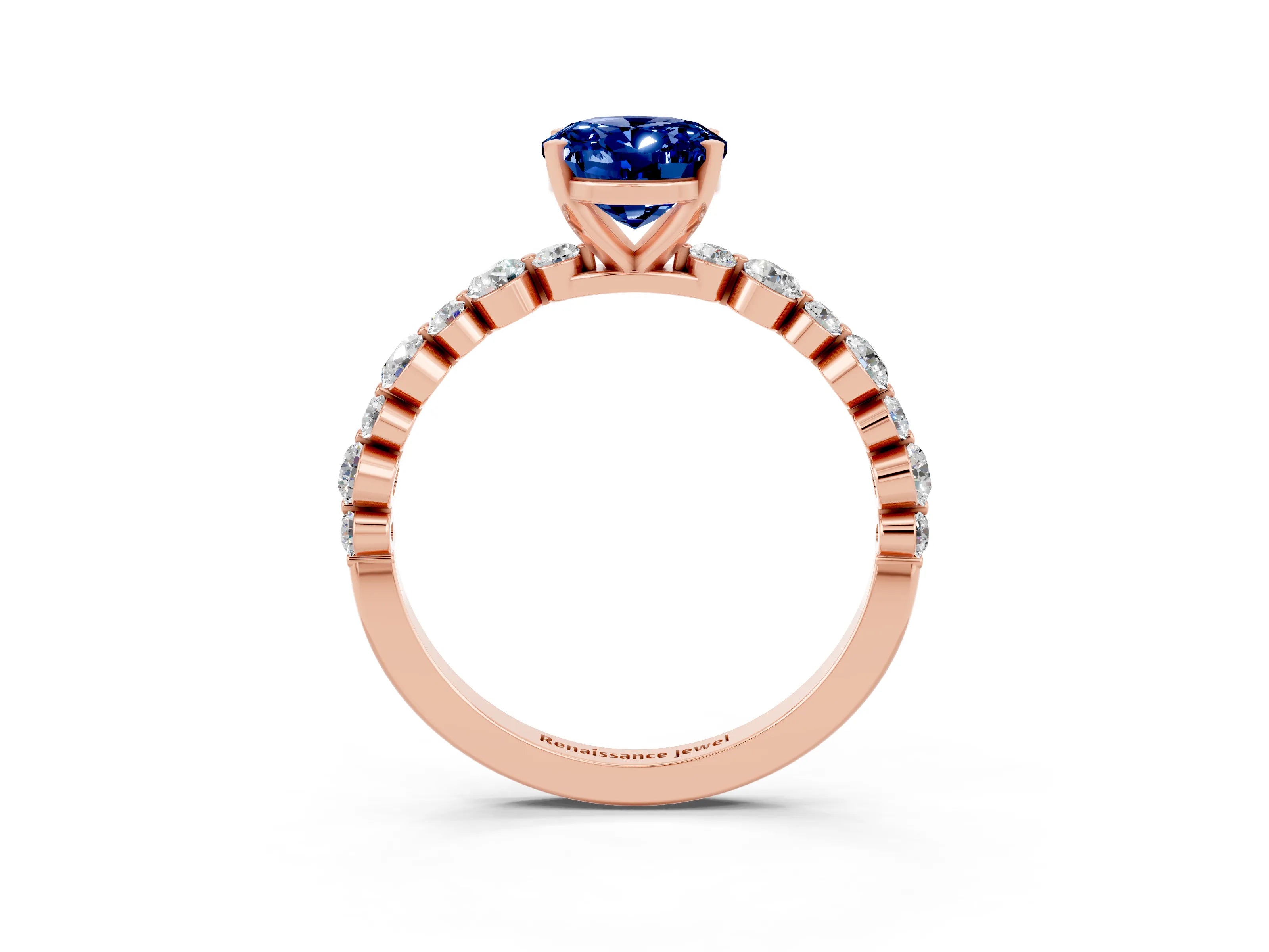 Rose gold Oval Cut Blue Sapphire Prong Set Engagement Ring with Pavé Band_3