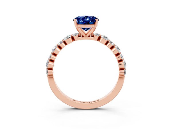 Rose gold Oval Cut Blue Sapphire Prong Set Engagement Ring with Pavé Band