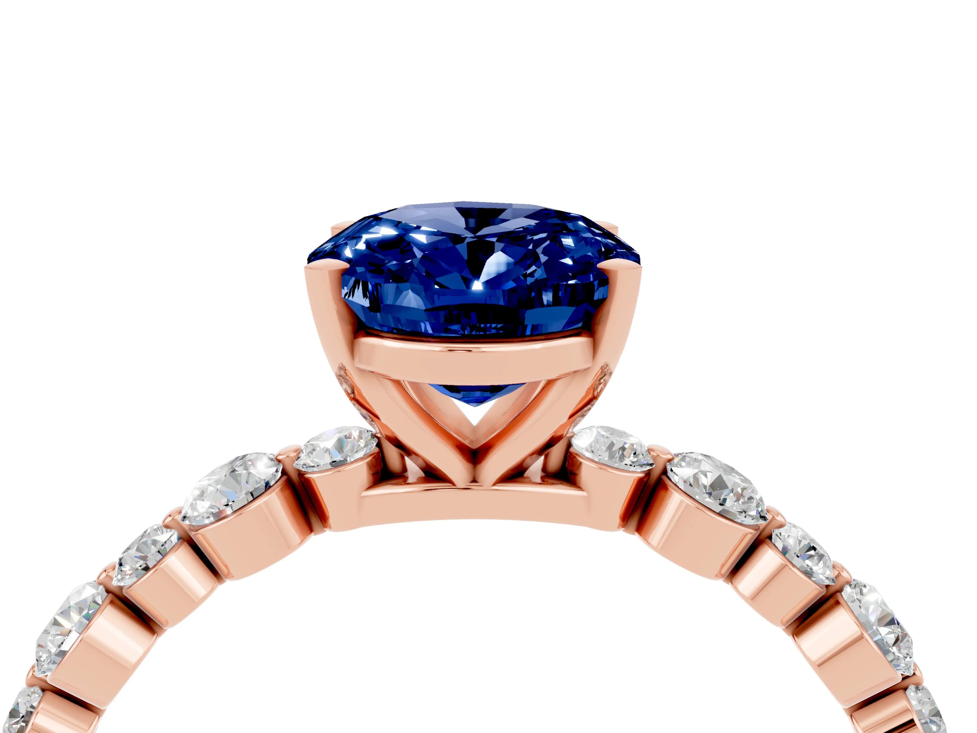 Rose gold Oval Cut Blue Sapphire Prong Set Engagement Ring with Pavé Band_4