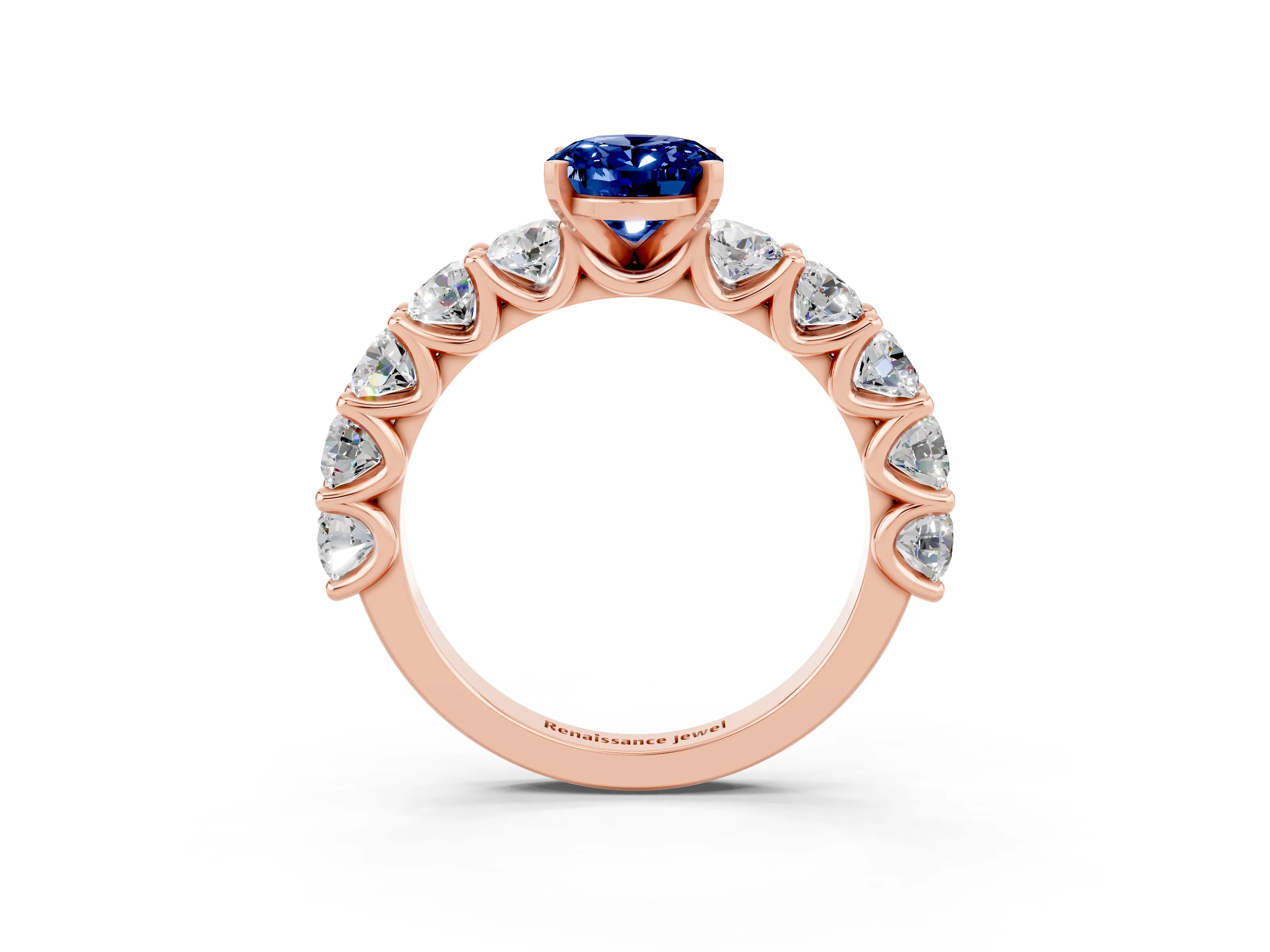 Rose gold Oval Cut Blue Sapphire Prong Setting with Side Stones on a Pave Band_3