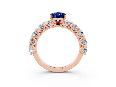 Rose gold Oval Cut Blue Sapphire Prong Setting with Side Stones on a Pave Band_3