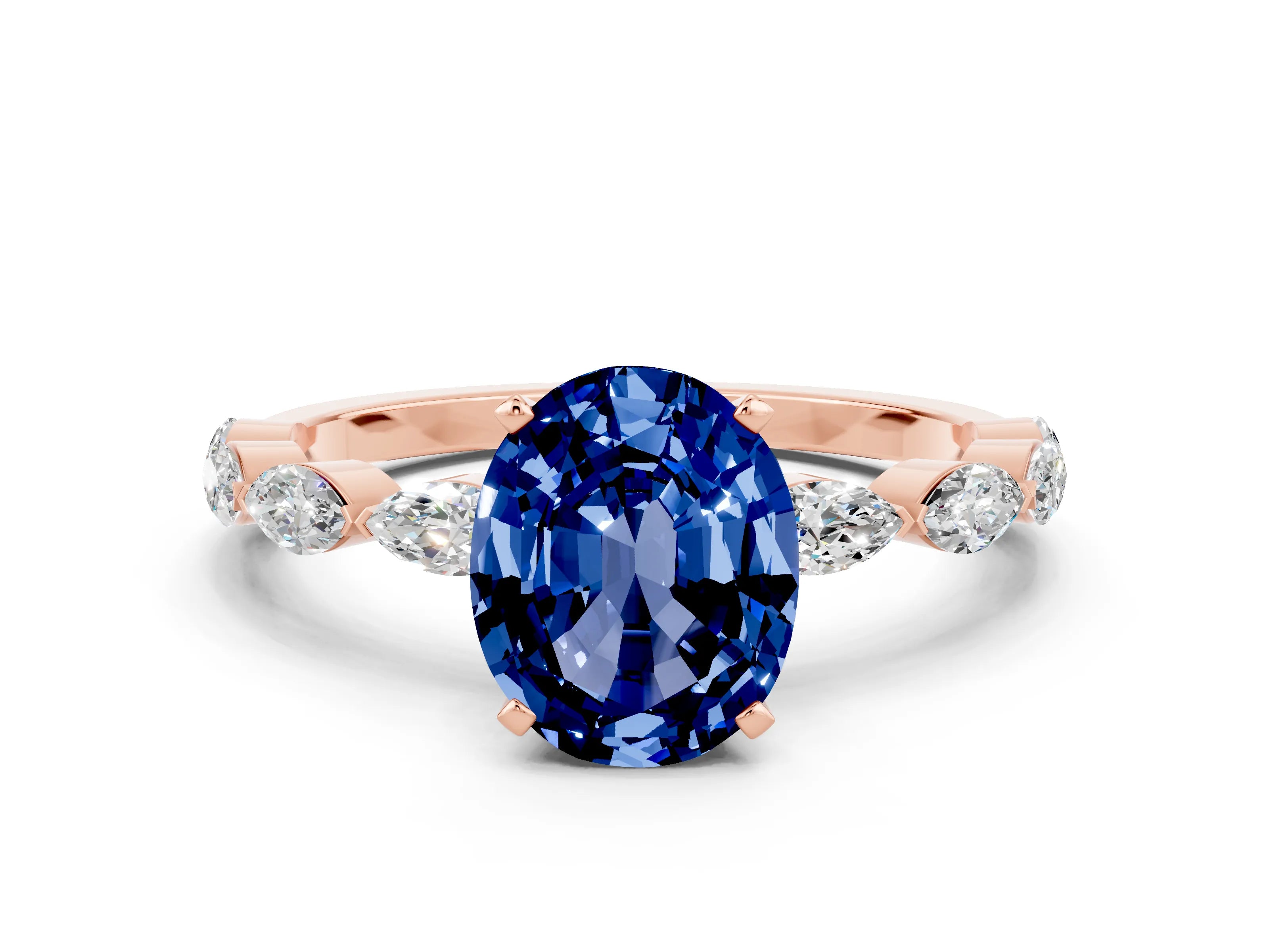 Rose gold Oval Cut Blue Sapphire Ring with Marquise Side Stones and Prong Setting