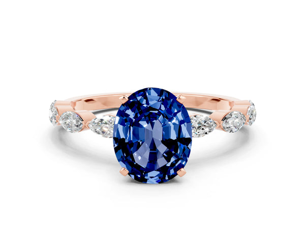 Rose gold Oval Cut Blue Sapphire Ring with Marquise Side Stones and Prong Setting