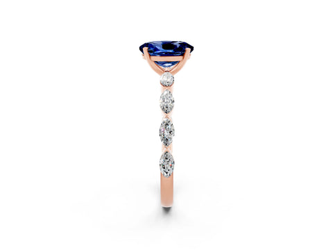 Rose gold Oval Cut Blue Sapphire Ring with Marquise Side Stones and Prong Setting_2