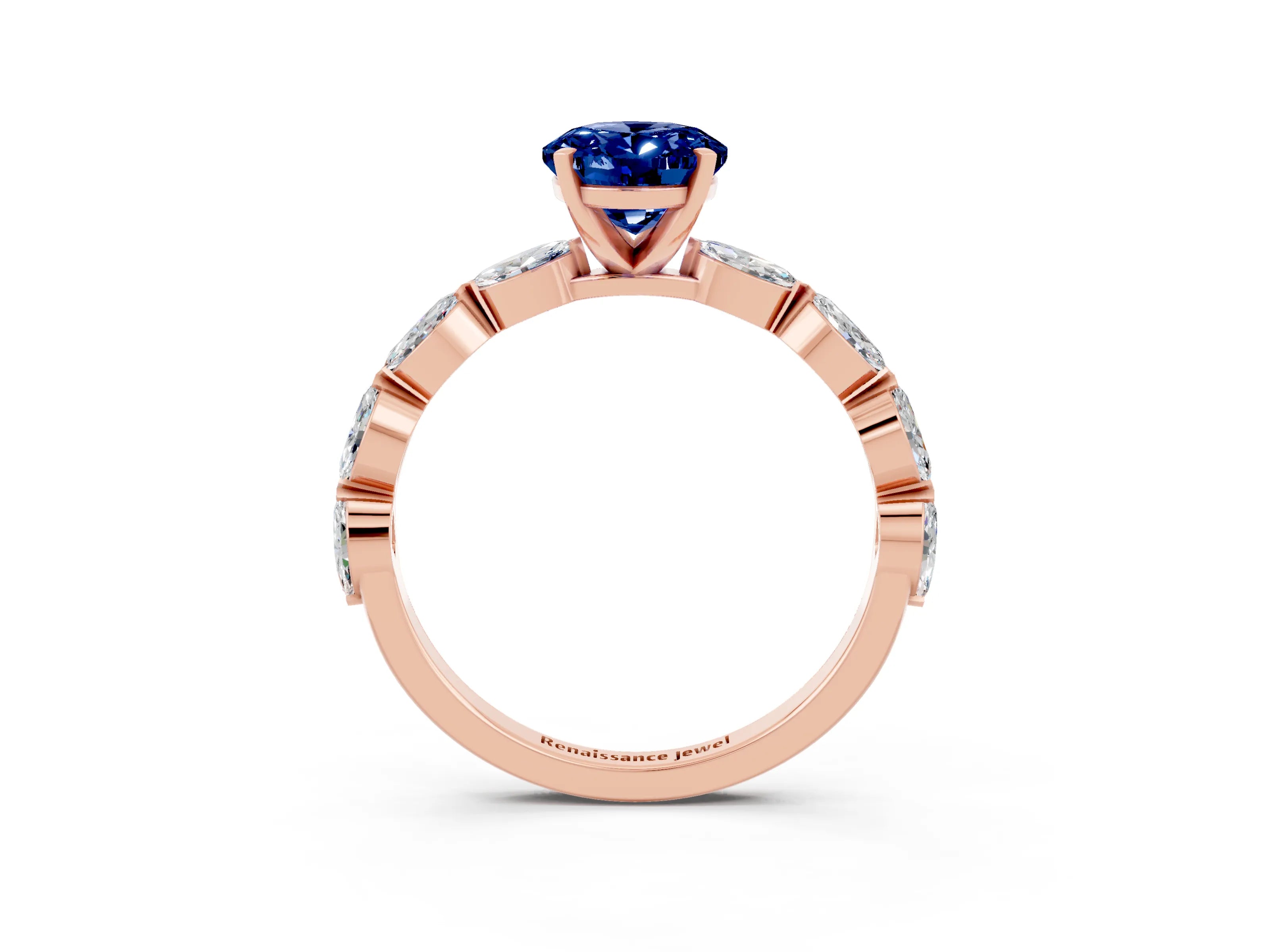 Rose gold Oval Cut Blue Sapphire Ring with Marquise Side Stones and Prong Setting_3