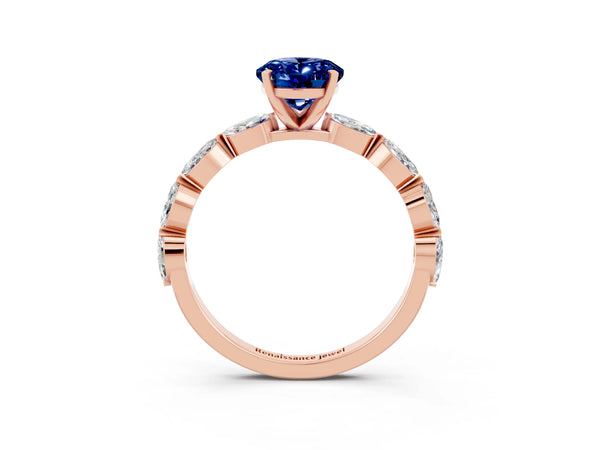 Rose gold Oval Cut Blue Sapphire Ring with Marquise Side Stones and Prong Setting