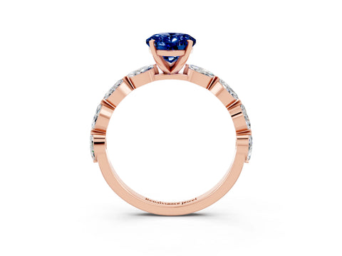 Rose gold Oval Cut Blue Sapphire Ring with Marquise Side Stones and Prong Setting_3