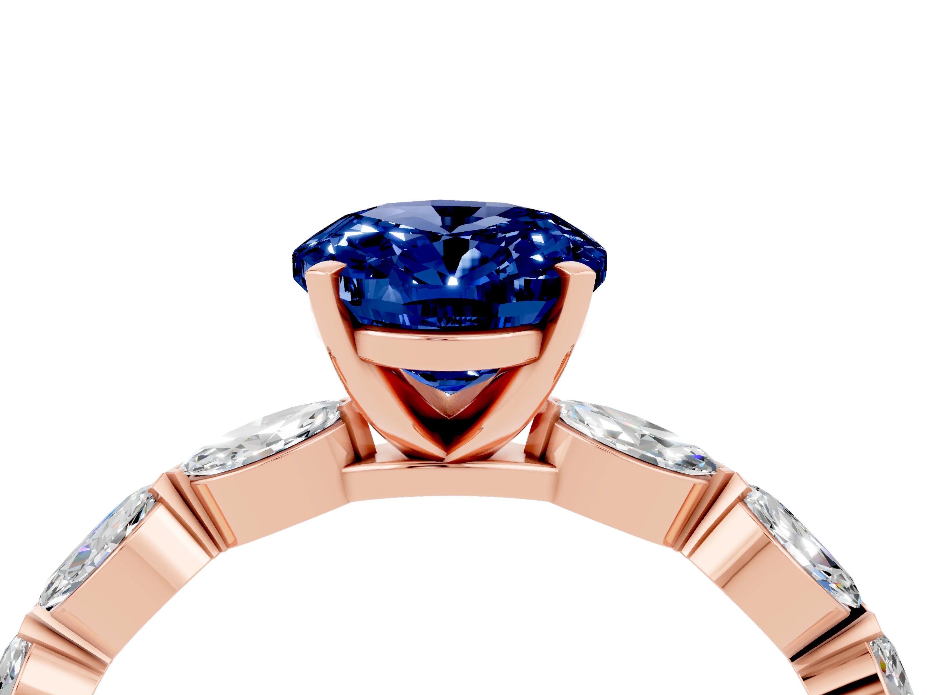 Rose gold Oval Cut Blue Sapphire Ring with Marquise Side Stones and Prong Setting_4