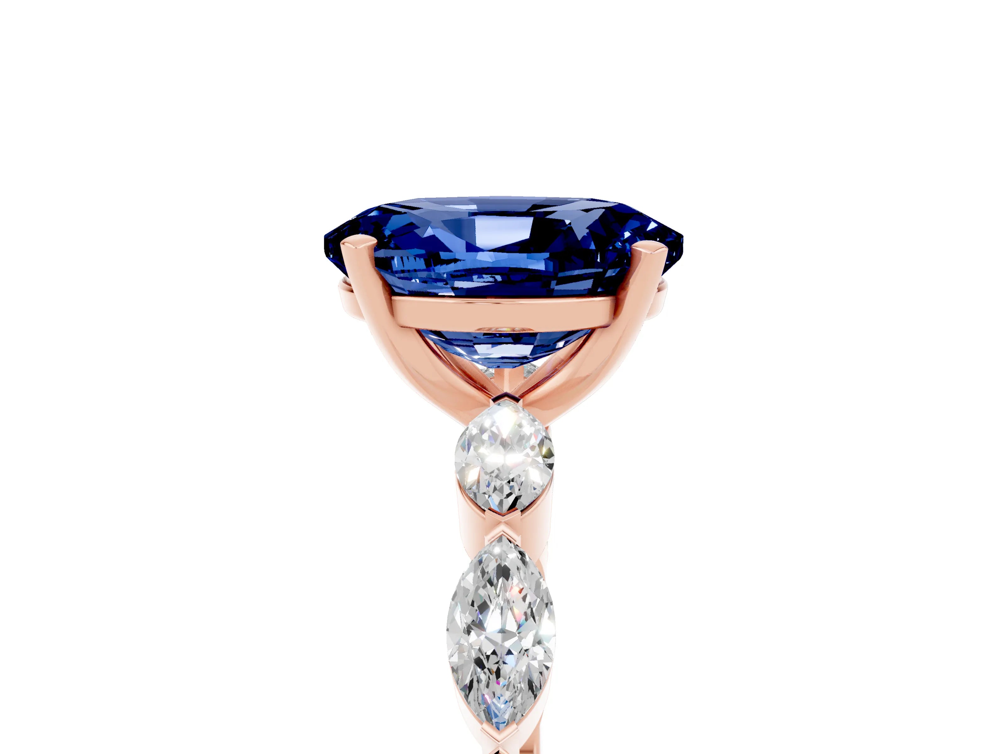 Rose gold Oval Cut Blue Sapphire Ring with Marquise Side Stones and Prong Setting_5