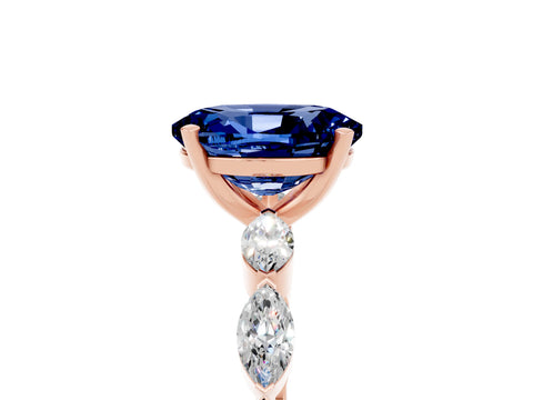 Rose gold Oval Cut Blue Sapphire Ring with Marquise Side Stones and Prong Setting_5
