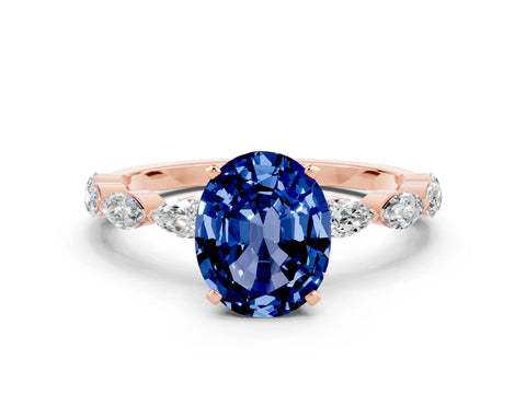 Rose gold Oval Cut Blue Sapphire Ring with Marquise Side Stones and Prong Setting