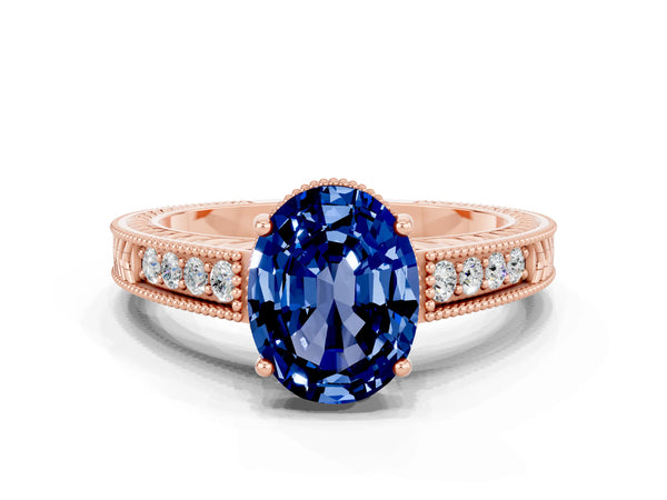 Rose gold Oval Cut Blue Sapphire Ring with Milgrain Pavé Band and Four-Prong Setting