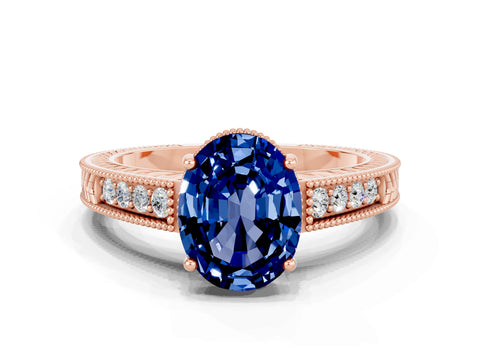Rose gold Oval Cut Blue Sapphire Ring with Milgrain Pavé Band and Four-Prong Setting_12