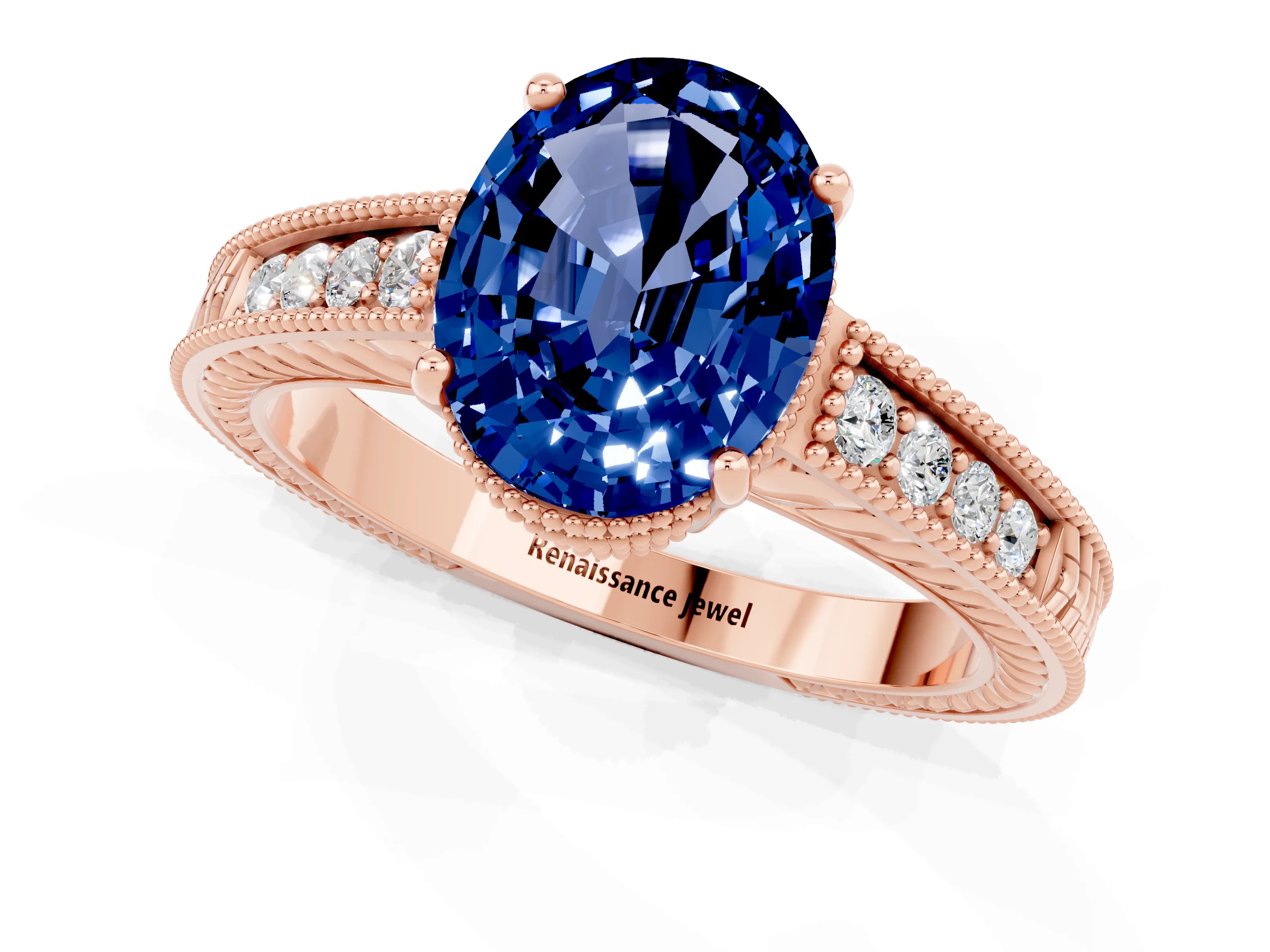 Rose gold Oval Cut Blue Sapphire Ring with Milgrain Pavé Band and Four-Prong Setting_13