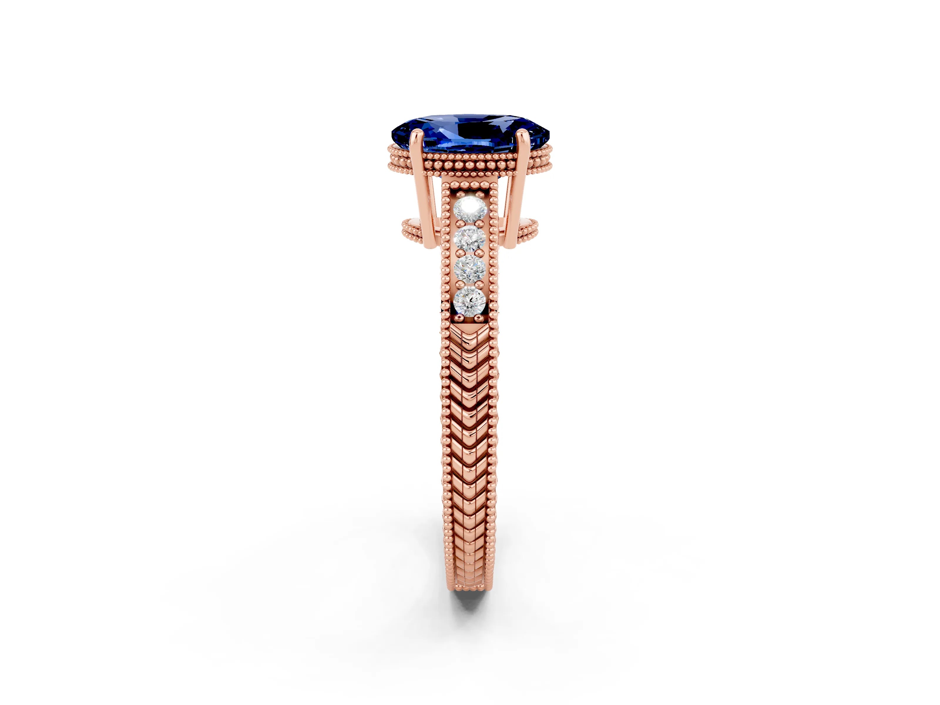 Rose gold Oval Cut Blue Sapphire Ring with Milgrain Pavé Band and Four-Prong Setting_14