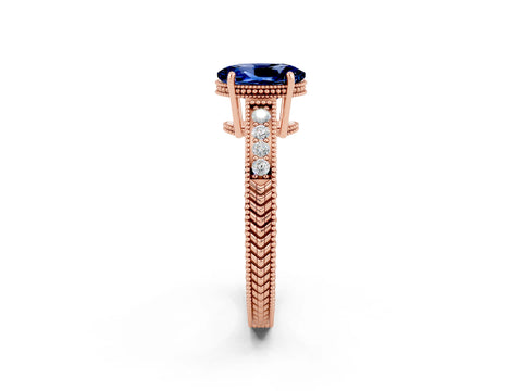 Rose gold Oval Cut Blue Sapphire Ring with Milgrain Pavé Band and Four-Prong Setting_14